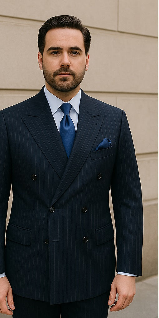 Men's Dark Navy Blue Suit For Men Stripe ~ Pinstripe Double Breasted Suit - Dark Blue Suit main image 0