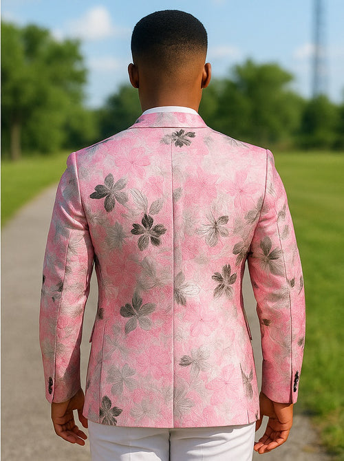 Men's slim fit pink homecoming tuxedo rear angle