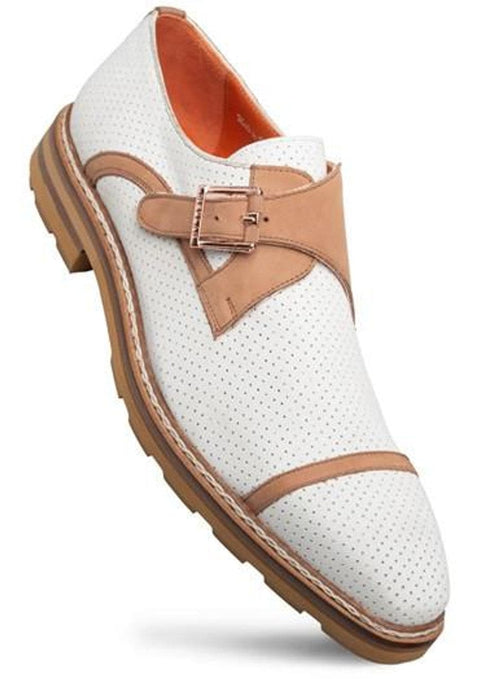 Mezlan Mens Shoes Bone/Cognac Perforated Nubuck Monk Strap Alari