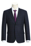 Mens Plaid Suit - Patterned Business Suit - Mens Two Button Slim Fit Two Piece Wool Suit In Navy Blue & Purple Micro Check Plaid