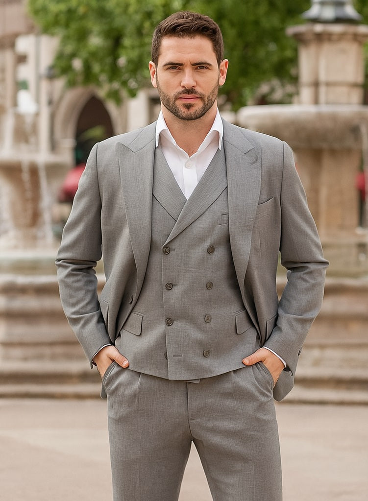 gray double-breasted vest suit