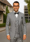 Men's urban suit in light gray, crafted from 100% wool. Includes a single-button, double-breasted jacket, five-button vest, and tailored pleated pants.