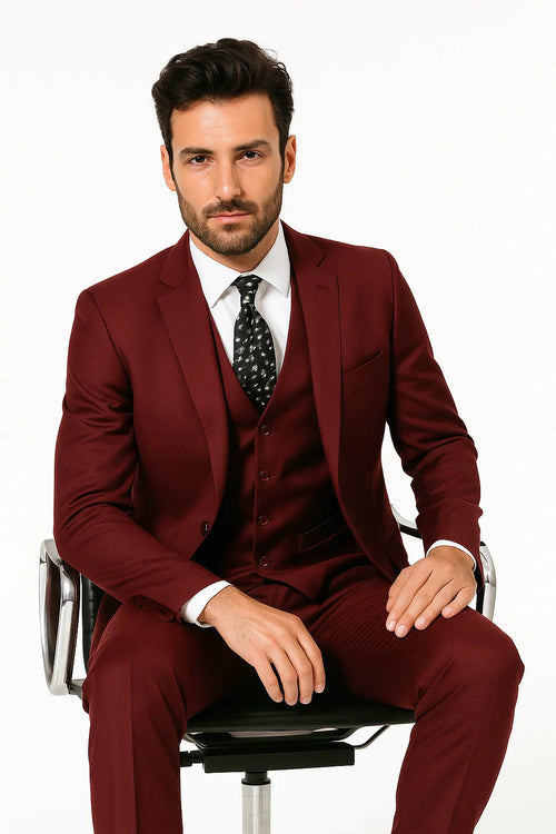 Mens Vested Slim Fit Wool Feel Suit in Burgundy
