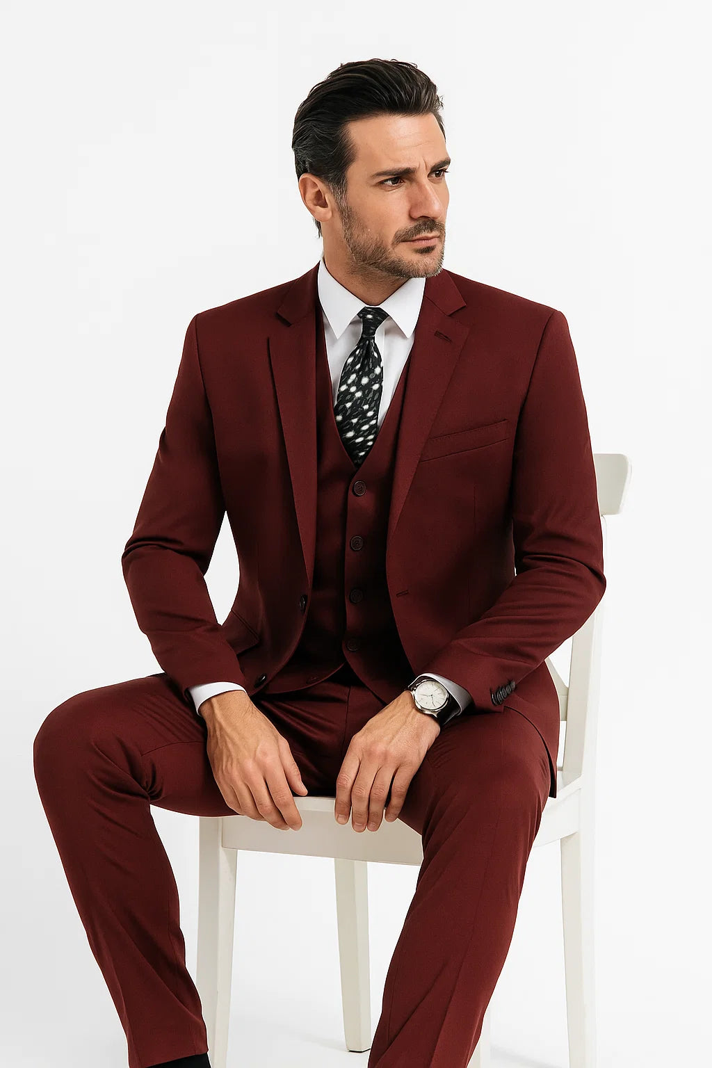 Mens Vested Slim Fit Wool Feel Suit in Burgundy
