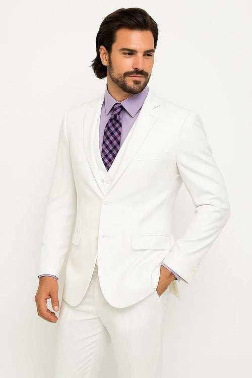 Mens Vested Slim Fit Wool Feel Suit in White