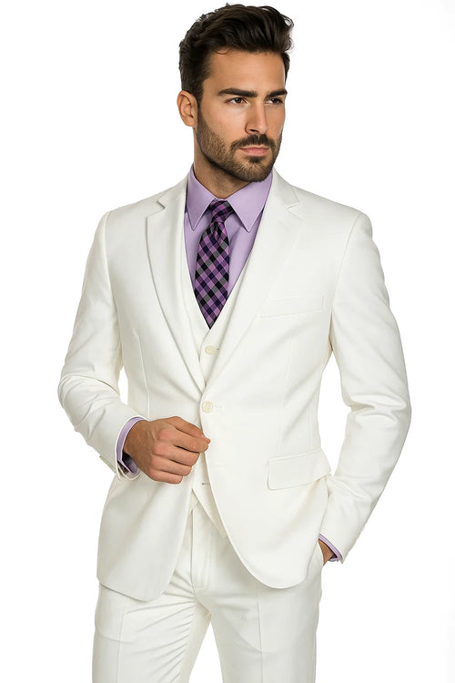 Mens Vested Slim Fit Wool Feel Suit in White