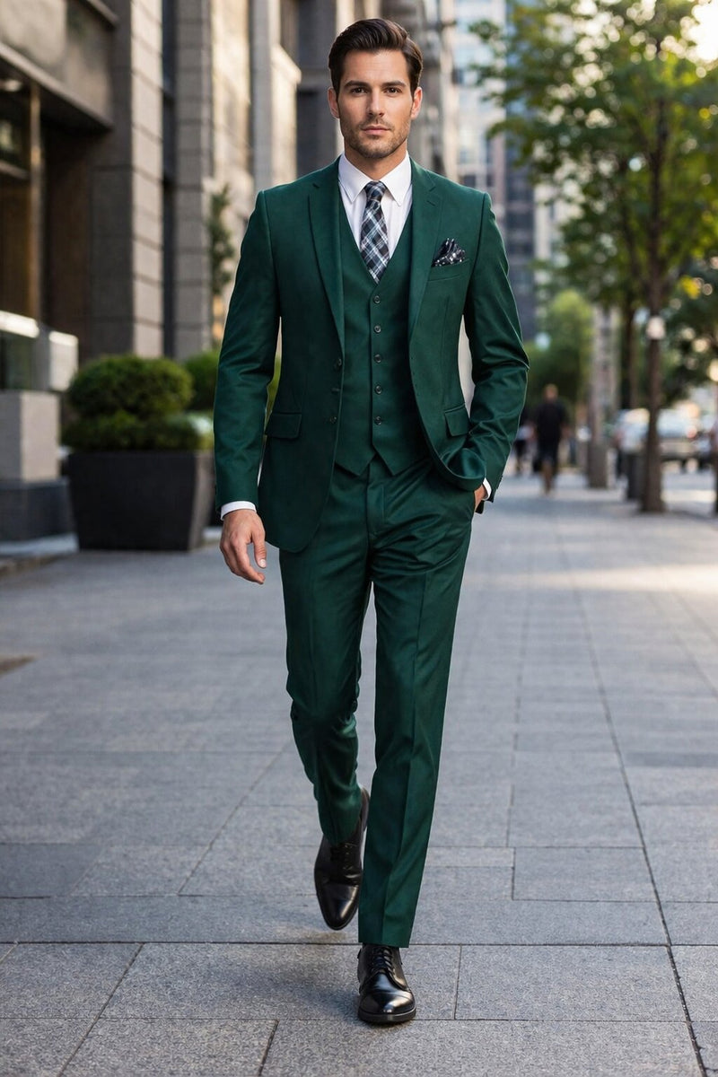 Mens Forest Green 3 Piece 2 Button Slim Fit Suit