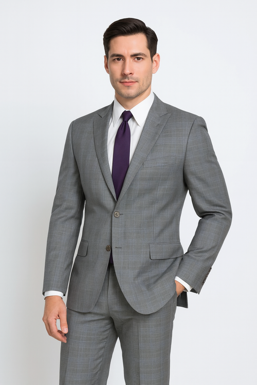 Mens 2 Button Peak Lapel Modern Plaid Suit in Grey