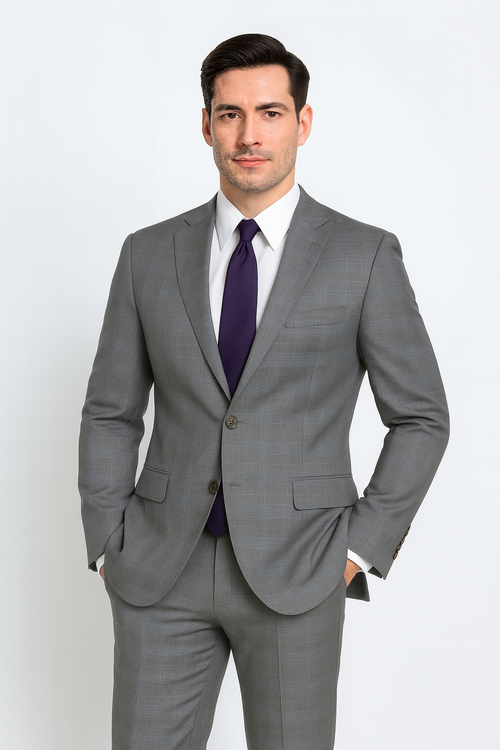 Mens 2 Button Peak Lapel Modern Plaid Suit in Grey