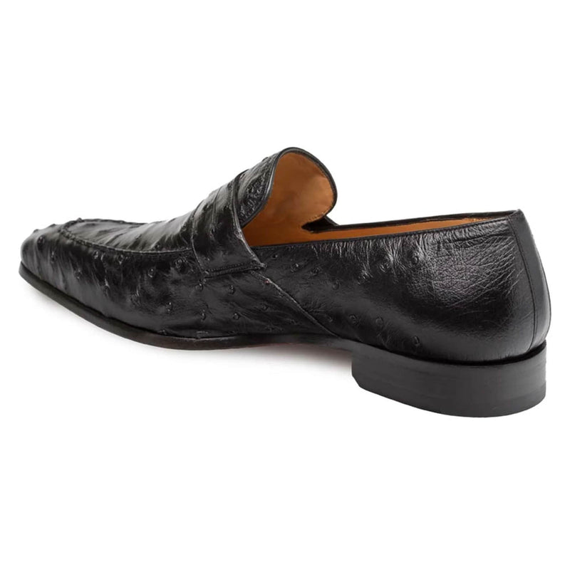 Mezlan Lisbon loafer in brandy ostrich leather. Sleek slip-on design with a rounded toe and low profile. Features unique ostrich leather patterns and a slight heel.