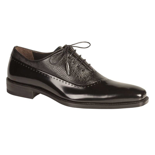 Mezlan Postdam oxford: Black calfskin, cap toe, mixed smooth/textured leather upper. Decorative perforations, rounded toe, low heel. Centrally laced for secure fit.