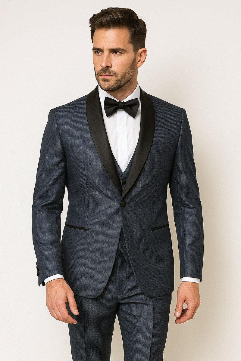 Men’s Midnight Blue Stripe Jacket with Black Satin Shawl Lapel – Shiny Formal Party Suit