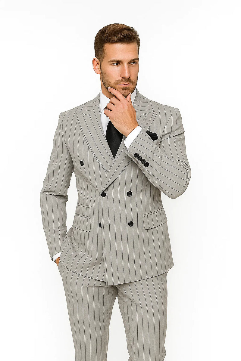 Modern fit, gray & black pinstripe double-breasted suit. Structured blazer: notched lapels, 2 rows of buttons. Tapered trousers complete the look.