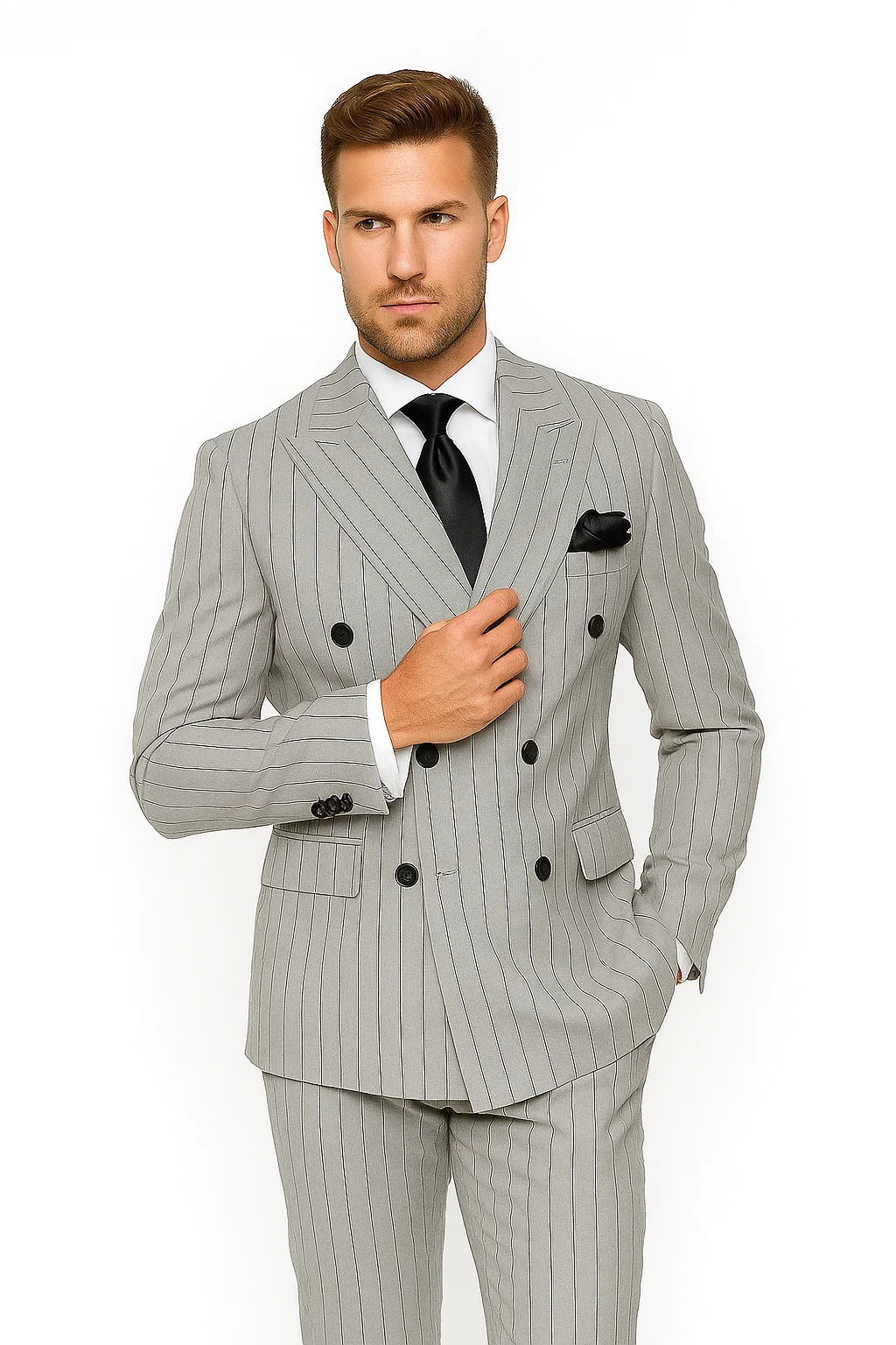 Gray and Black Pinstripe Double Breasted - Modern Fit 1920s Vintage Looking Suit