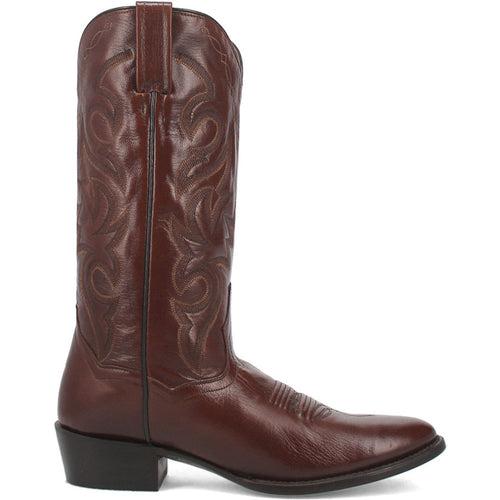 Dan Post Men's Milwaukee cowboy boot. Tan leather with a 13" shaft, round toe, and stacked heel. Features intricate stitching and pull tabs for easy wear. Traditional, stylish design.