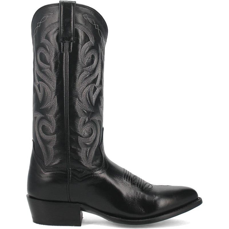 Dan Post Men's Milwaukee cowboy boot: 13" black leather, pointed toe, intricate shaft stitching. Stacked heel, smooth finish, and polished, sleek design.