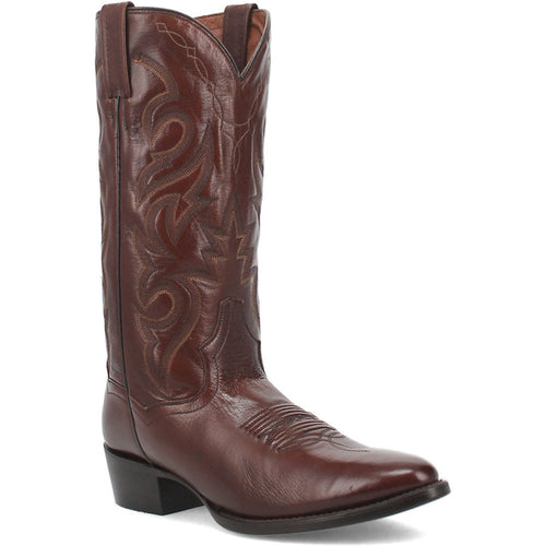 Dan Post Men's Milwaukee cowboy boot. Tan leather, 13" shaft with dark brown stitching. Features a round toe and square heel for stability. Stylish and durable.