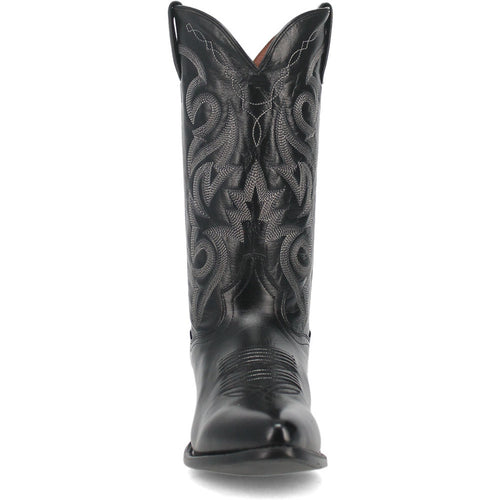 Black leather Dan Post Milwaukee cowboy boots. 13" tall with a pointed toe, detailed stitching, and embossed Western patterns. Features a curved upper edge.