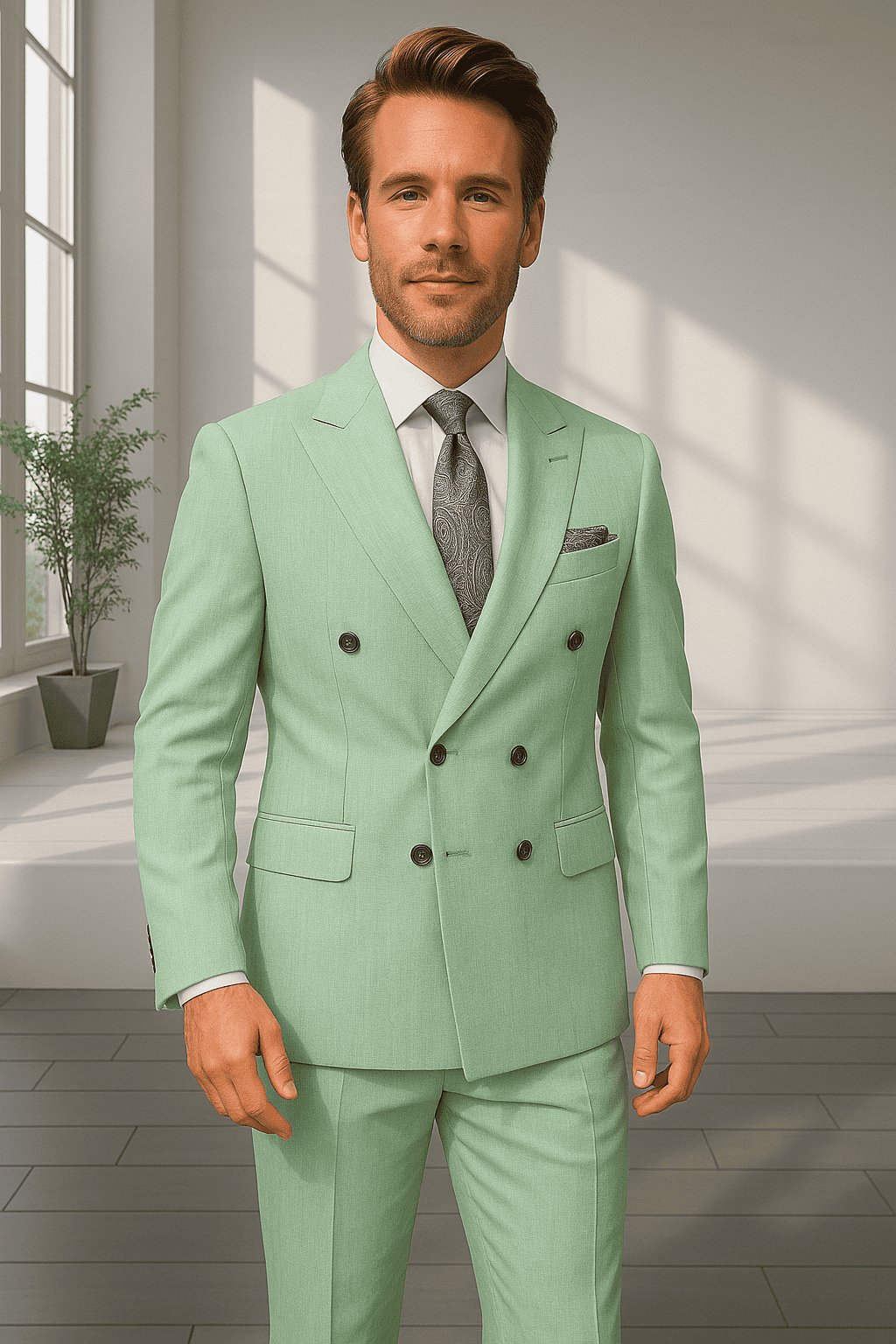 Wool Suit - Italian Made Business Suit by Statement Men's 2 Piece 100% Wool Double Breasted Suit - Pinstripe Pattern
