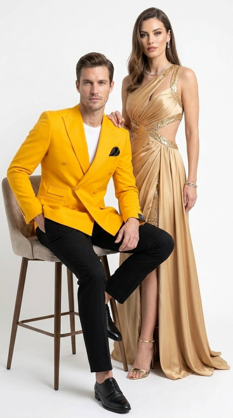 Men’s Gold Double Breasted Blazer, Bright Yellow Formal Sport Coat for Wedding and Party Events