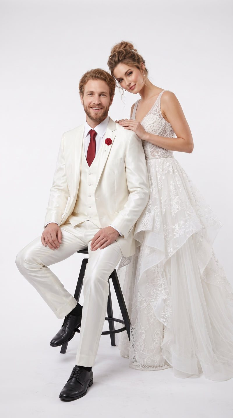 Tazio Men’s White Shiny Sharkskin 3 Piece Suit, Modern Fit Vested Formal Wedding Prom Suit