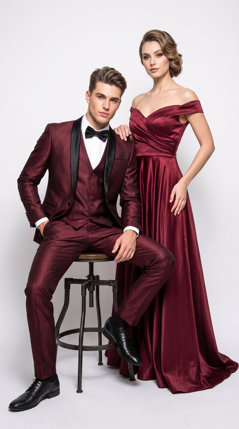 Men's Burgundy Sharkskin 3-Piece Tuxedo Suit – One Button Black Satin Shawl Lapel Vested Wedding & Prom Tuxedo