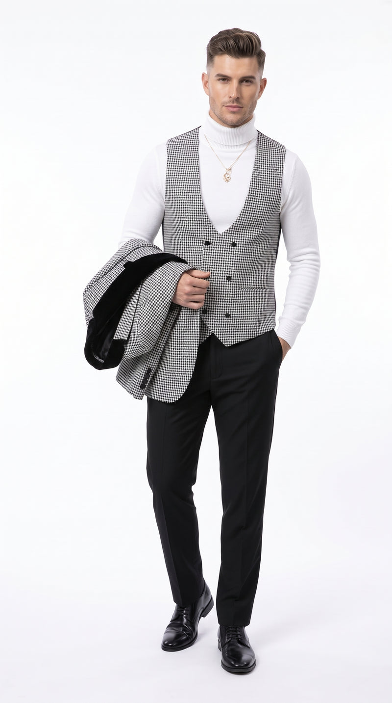 Men's Black & White Houndstooth 3-Piece Tuxedo Suit ā One Button Shawl Lapel Vested Formal Wedding Suit