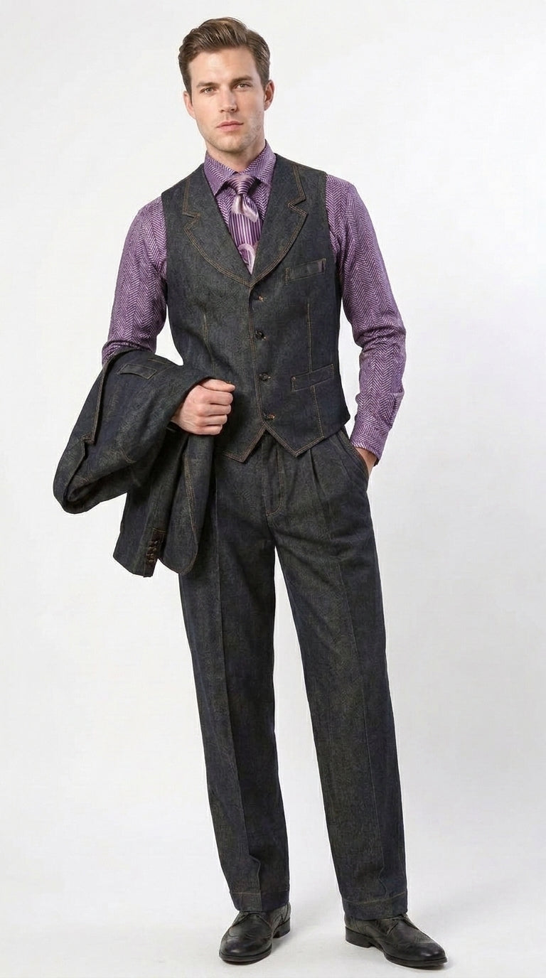 Apollo King Men’s Black Denim Vested Suit, Peak Lapel Wide Leg Formal Dress Suit