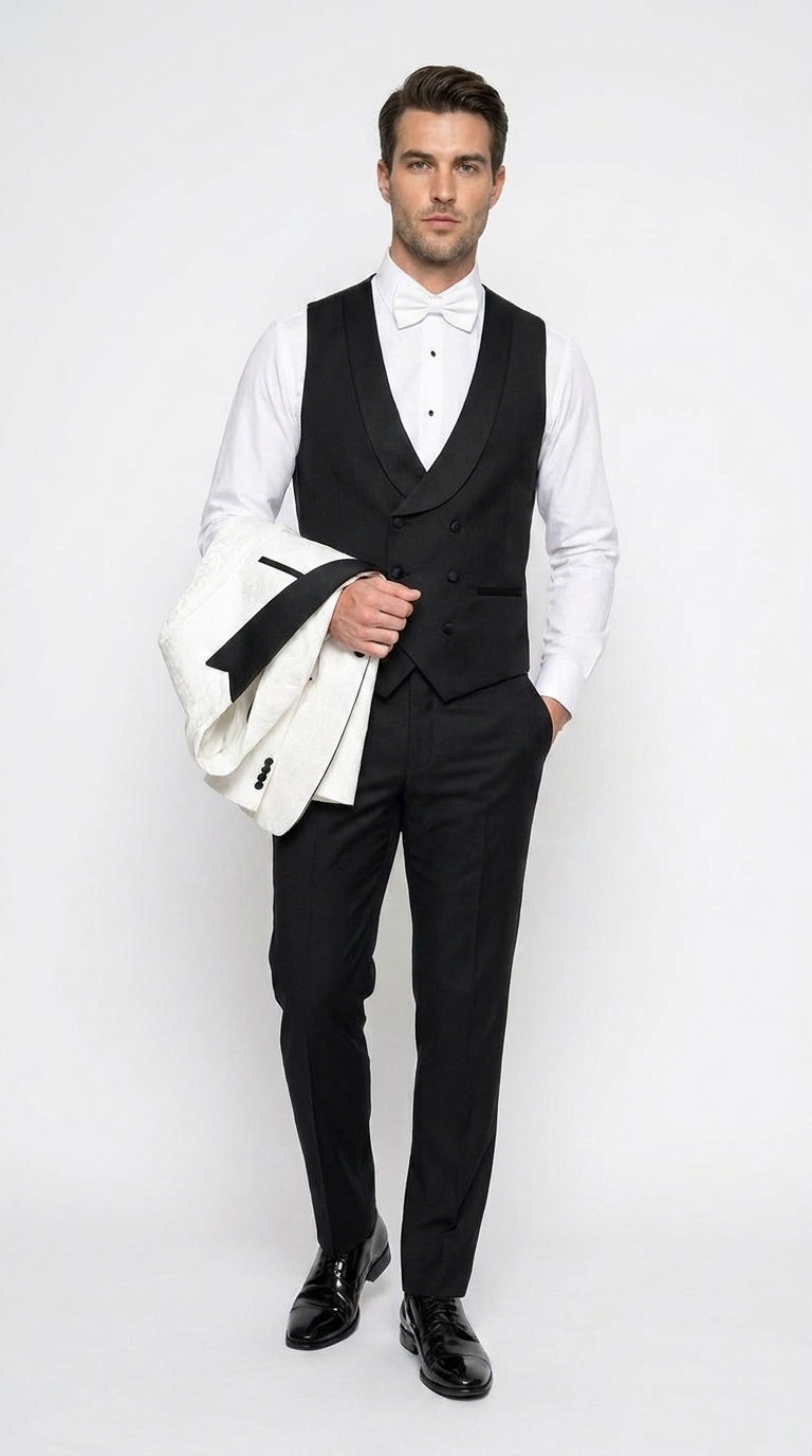 Men’s White and Black Vested Tuxedo Suit, Formal Wedding Groom Prom Dinner Suit