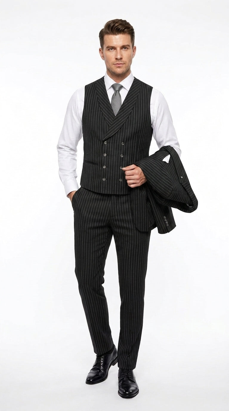 Statement Men’s Black Pinstripe 3 Piece Wool Suit, Fashion Formal Wedding Business Dress Suit