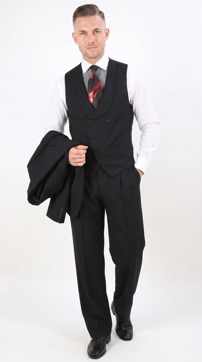 Men’s Black 100% Wool Super 150s Suit, Classic Fit Athletic Cut with Double Breasted Vest and Pleated Pants