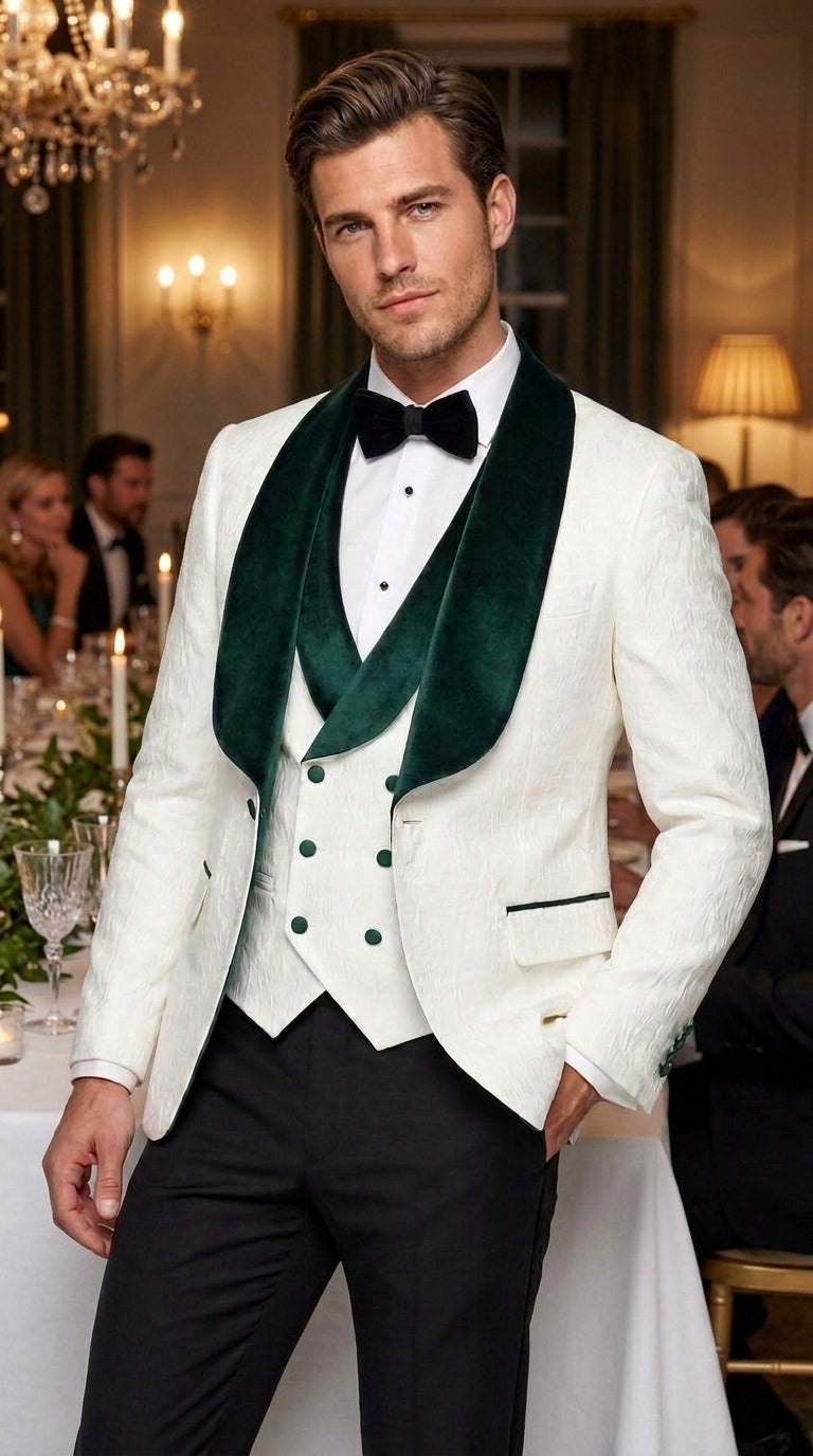 Men’s White and Hunter Green Tuxedo Dinner Jacket, Wide Velvet Shawl Lapel Groom Prom Blazer
