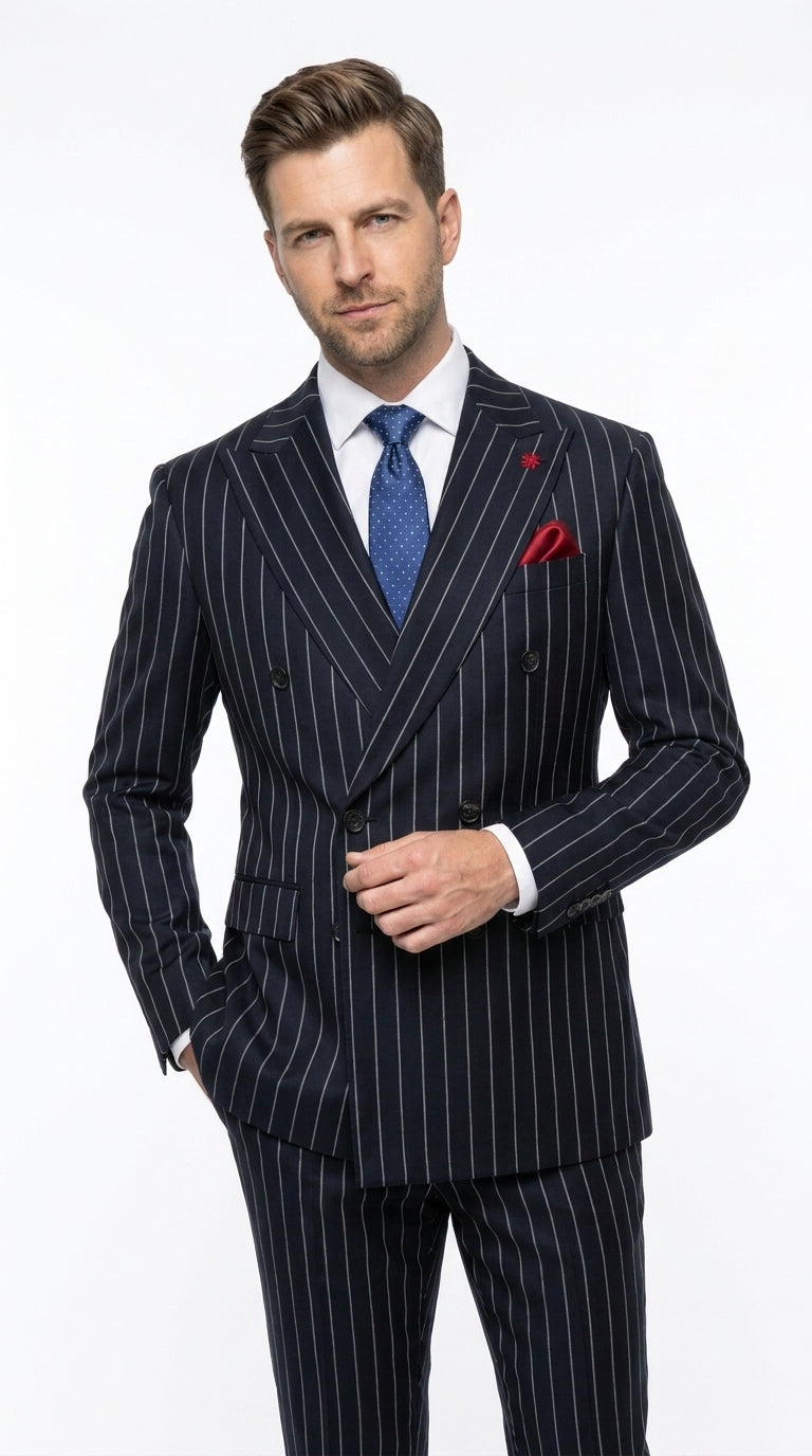 Statement Men's 2 Piece 100% Wool Modern Fit Pinstripe Suit - Double Breasted Jacket