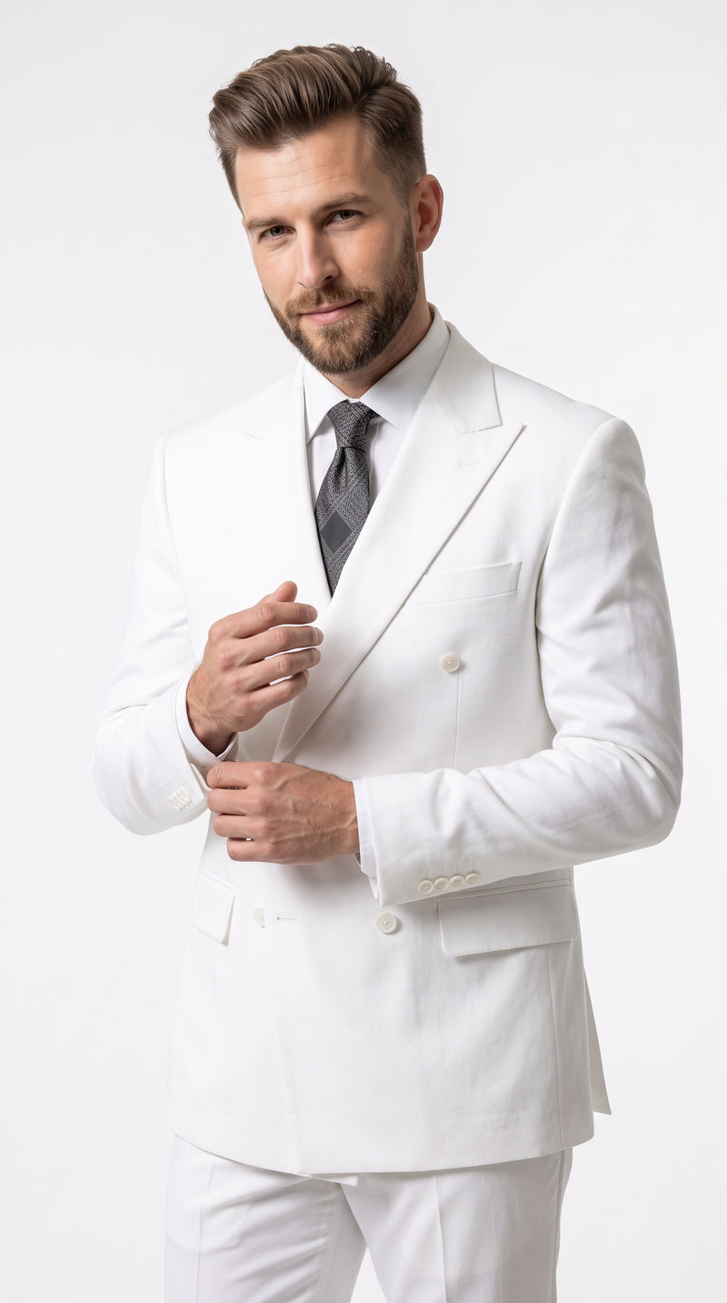 Men’s Solid White Double Breasted Suit, Classic Fit Formal Wedding Prom Dress Suit