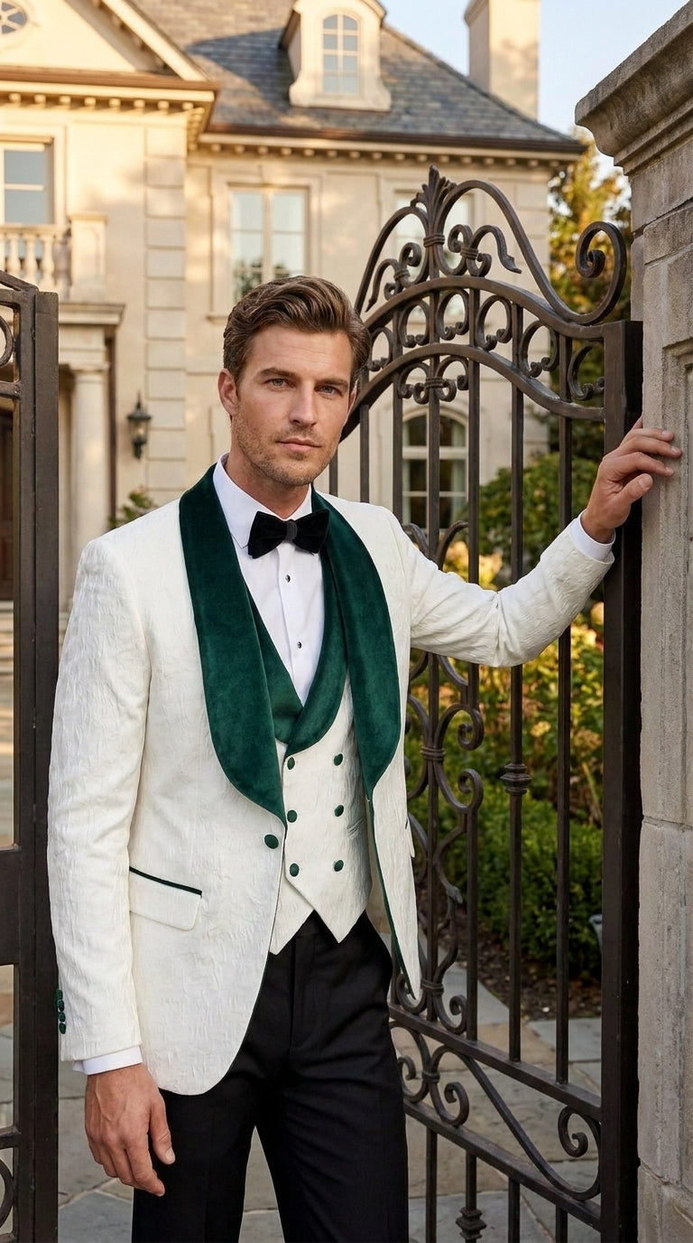 Men’s White and Hunter Green Tuxedo Dinner Jacket, Wide Velvet Shawl Lapel Groom Prom Blazer