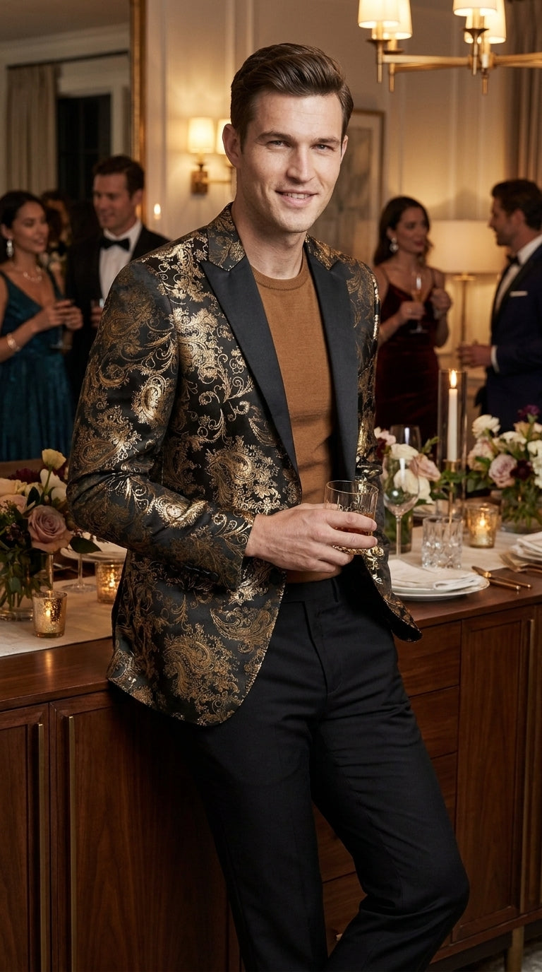 VINCI Men’s Gold and Black Paisley Tuxedo Dinner Jacket – Formal Prom, Wedding and Party Blazer