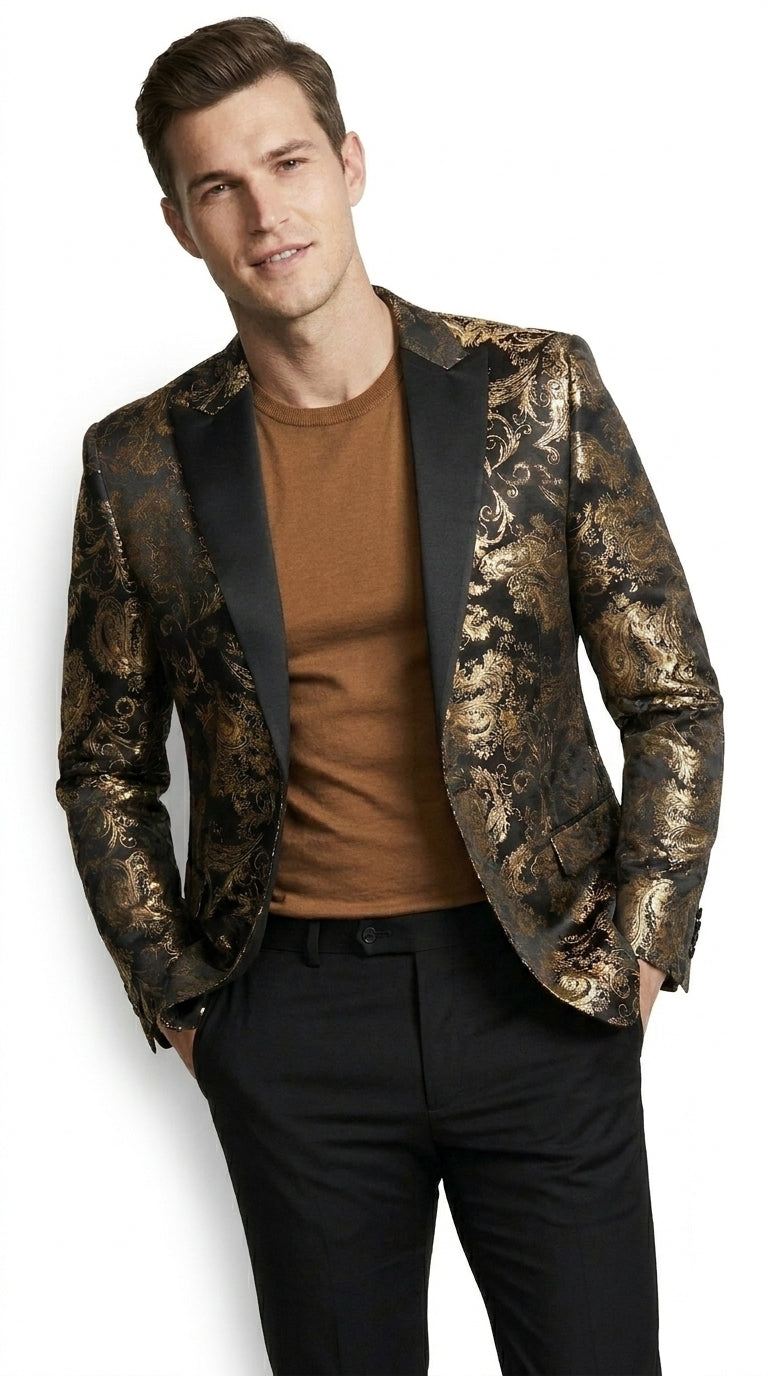 VINCI Men’s Gold and Black Paisley Tuxedo Dinner Jacket – Formal Prom, Wedding and Party Blazer