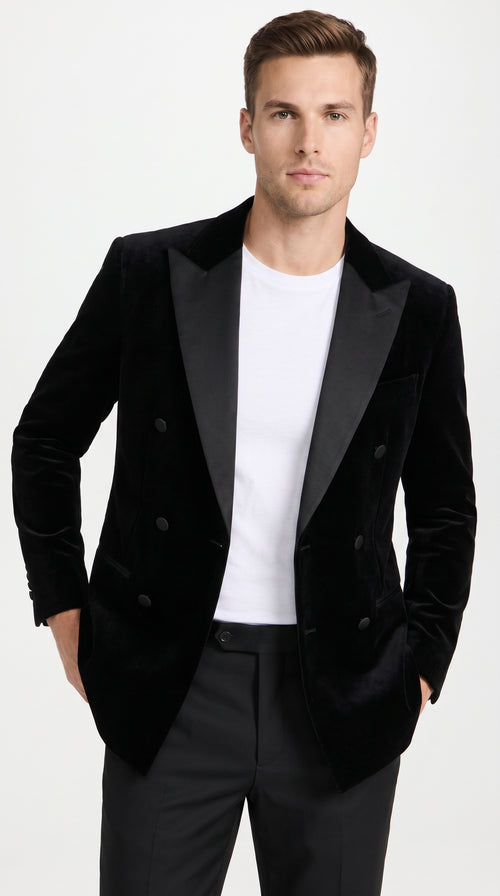 Men’s Black Velvet Double Breasted Blazer with Satin Peak Lapel, Formal Tuxedo Dinner Jacket