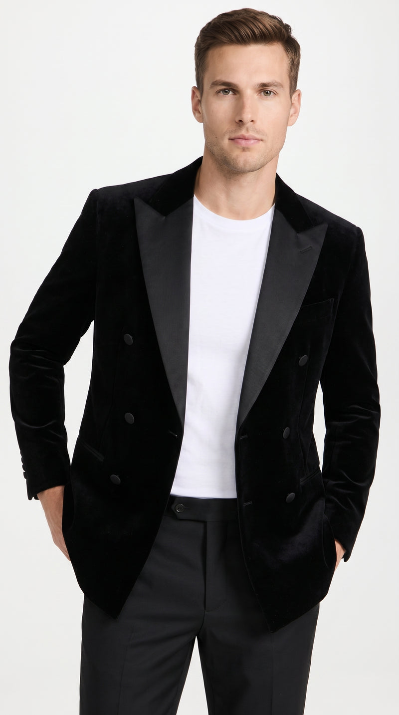 Men’s Black Velvet Double Breasted Blazer with Satin Peak Lapel, Formal Tuxedo Dinner Jacket