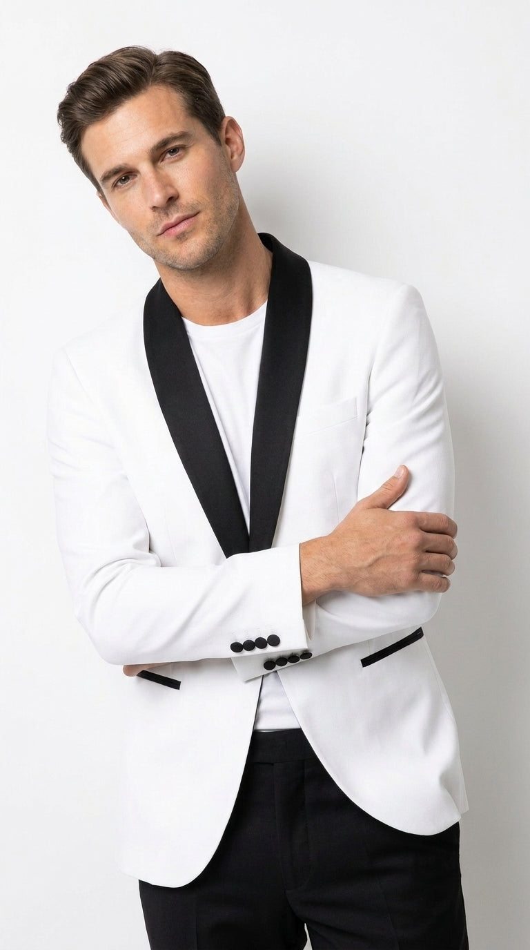 Men’s White Tuxedo Dinner Jacket with Black Shawl Lapel, Formal Wedding Prom Blazer
