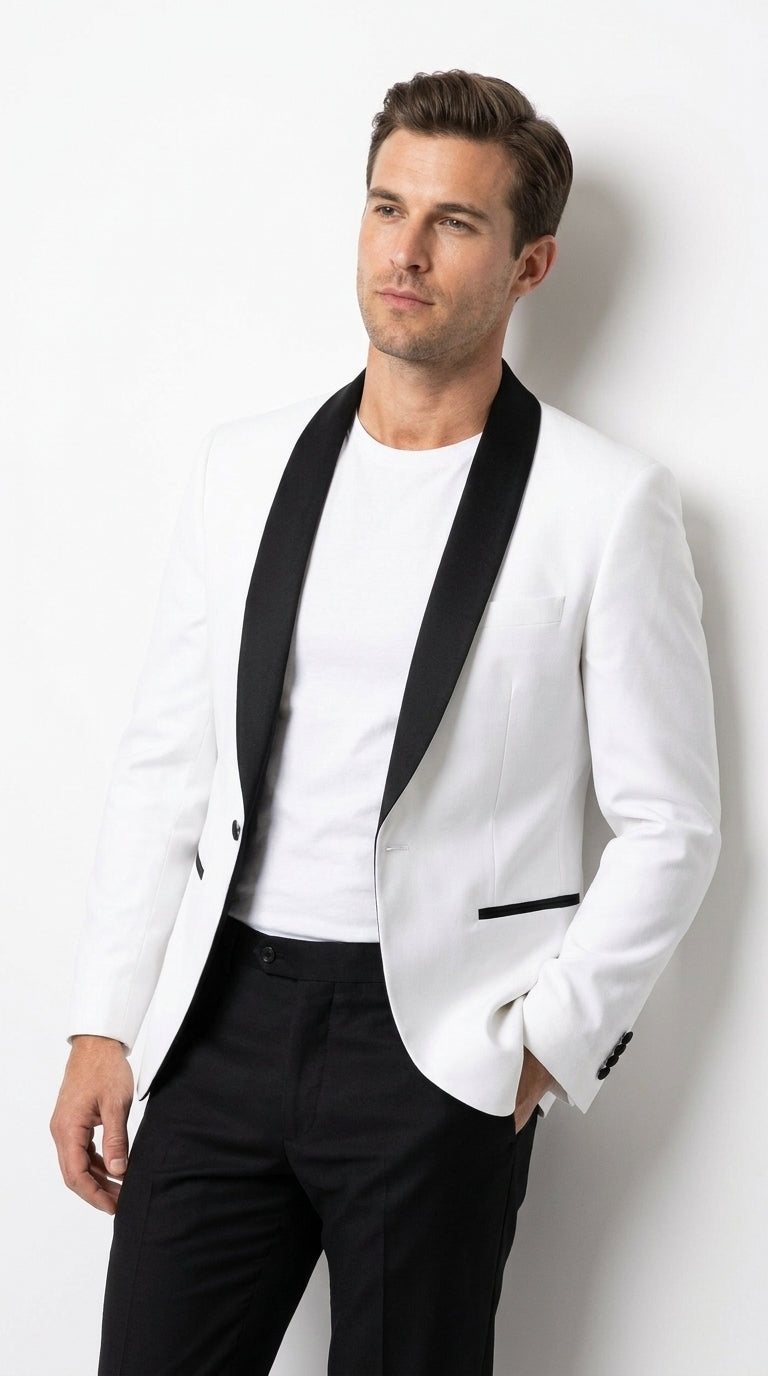 Men’s White Tuxedo Dinner Jacket with Black Shawl Lapel, Formal Wedding Prom Blazer