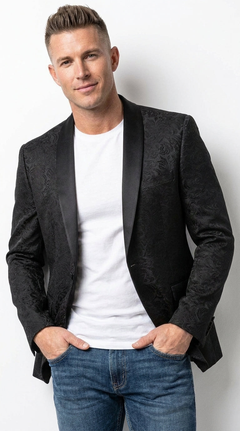 Men’s Black Paisley Jacquard Western Blazer with Satin Shawl Lapel, Formal Designer Sport Coat