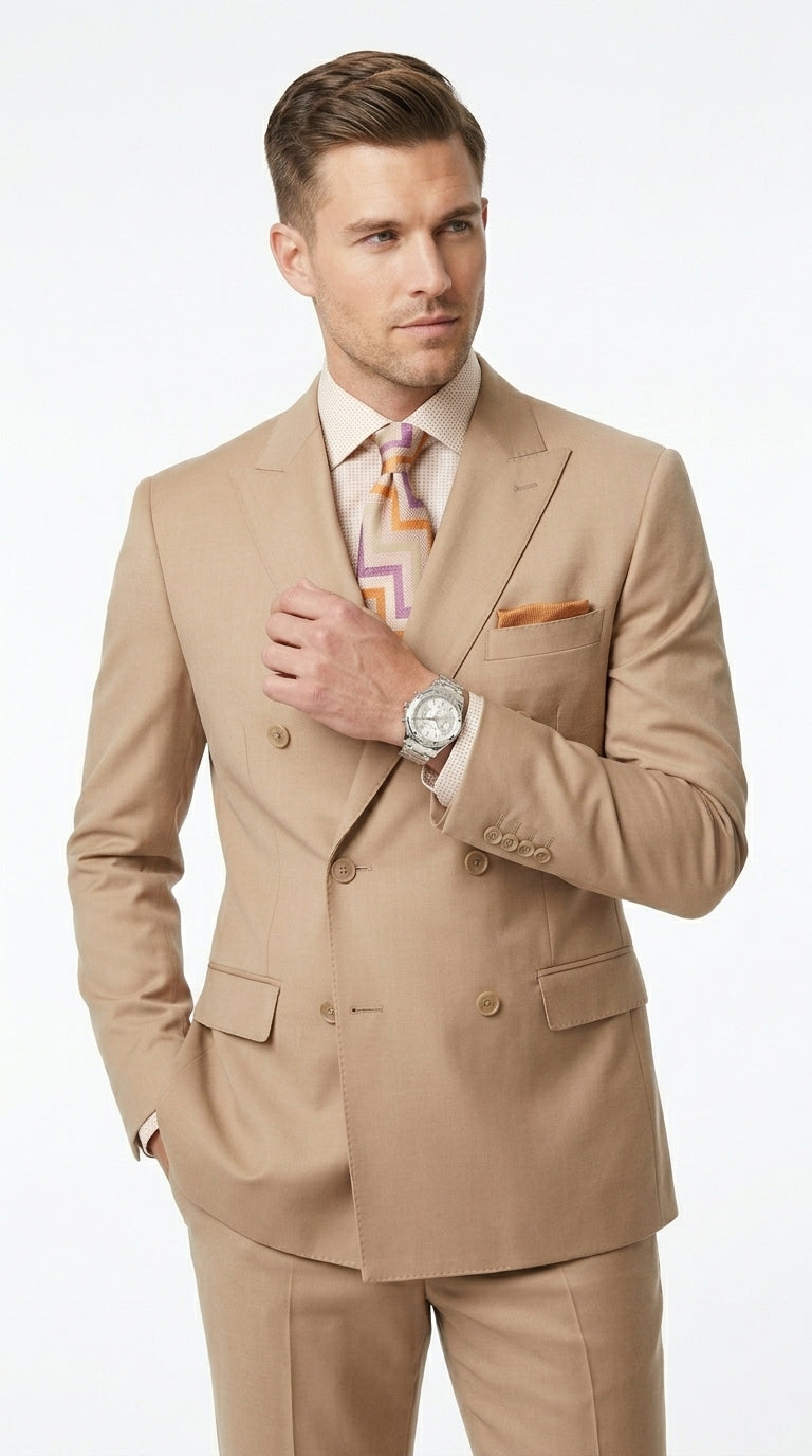 Men’s Camel Double Breasted Wool Feel Suit, Classic Luxury Formal Wedding Business Dress Suit