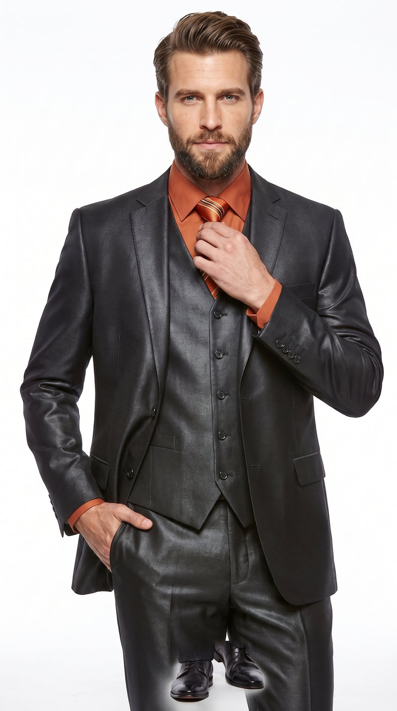 Men’s Black Sharkskin 3 Piece Suit, Metallic Satin Shiny Formal Wedding Business Dress Suit
