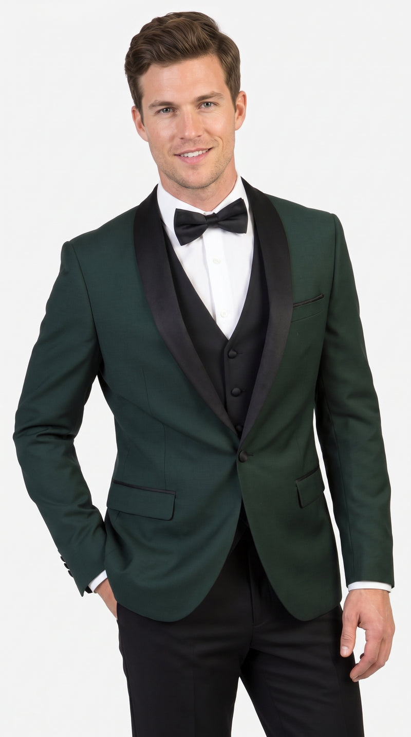 Men’s Hunter Green Tuxedo Suit with Black Pants and Vest, Wedding Prom Formal Tuxedo