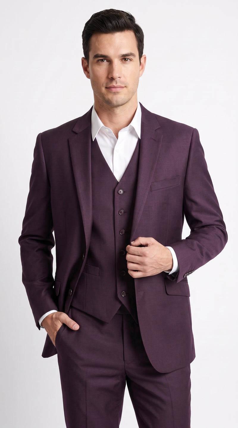 Men’s Plum Modern Fit Suit, Tailored Formal Wedding Business 3 Piece Dress Suit