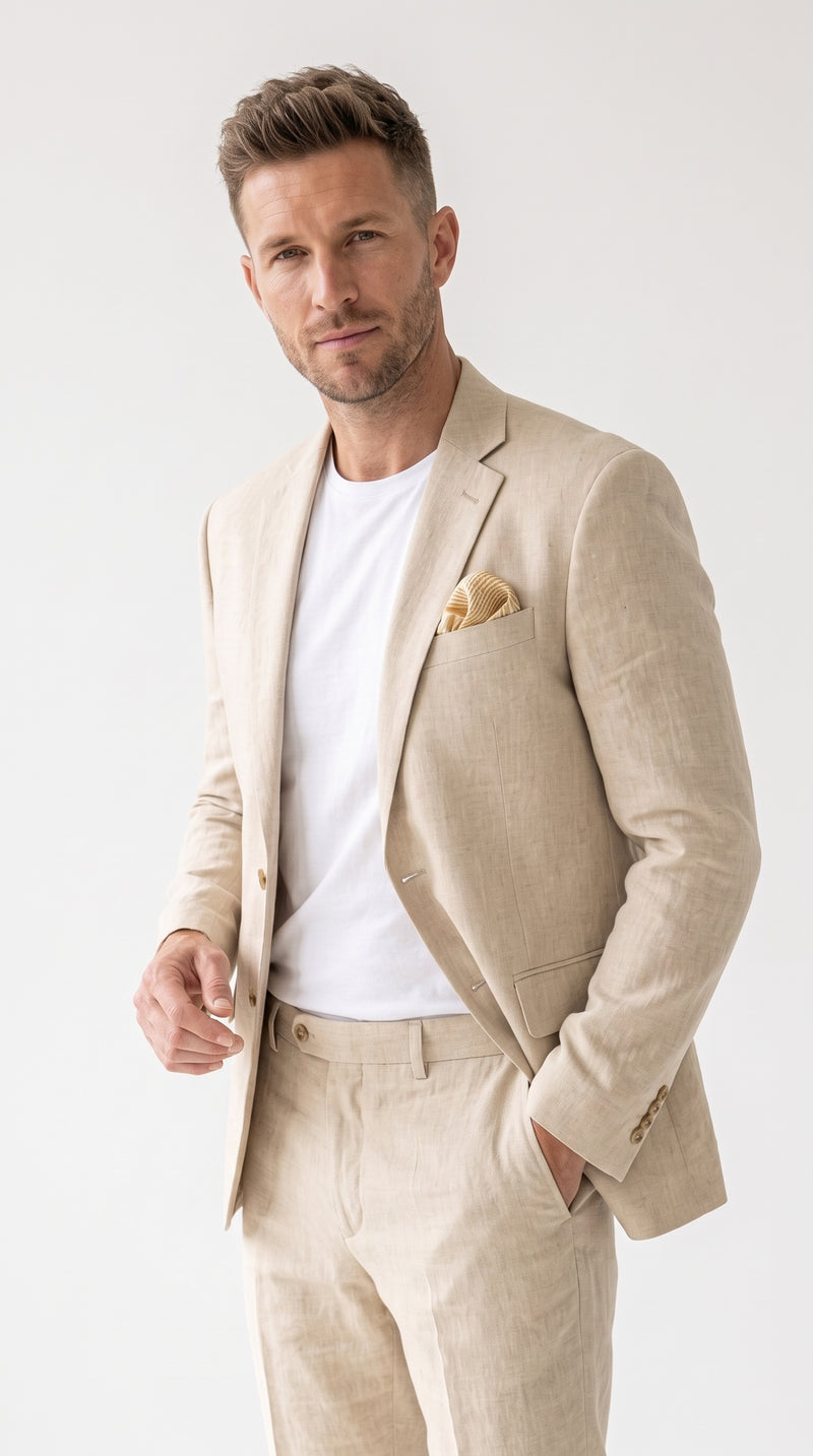Men’s Tan Linen Blend 2 Piece Suit, Modern Fit Notch Lapel Summer Wedding Suit