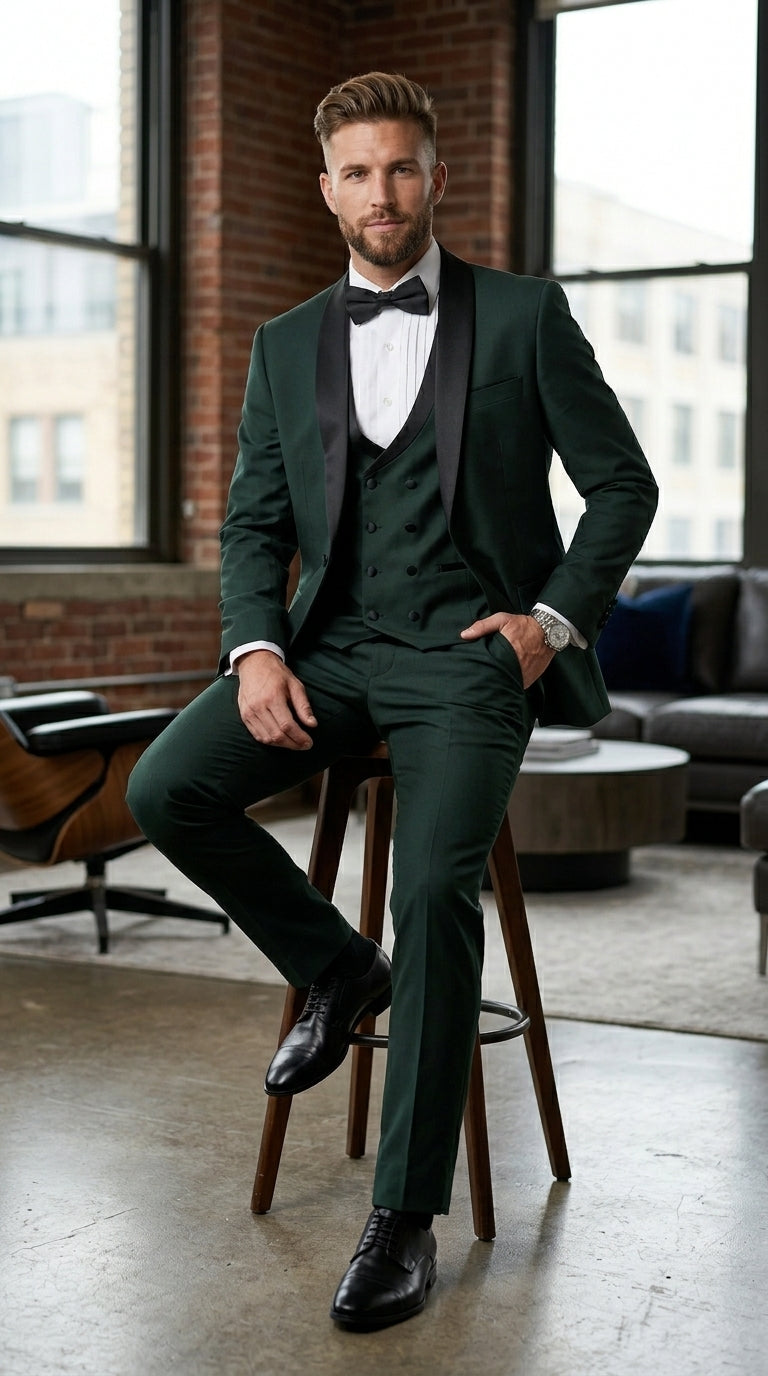 Men’s Hunter Green Vested Tuxedo Suit with Black Trim Shawl Lapel, Wedding Prom Formal Suit Set