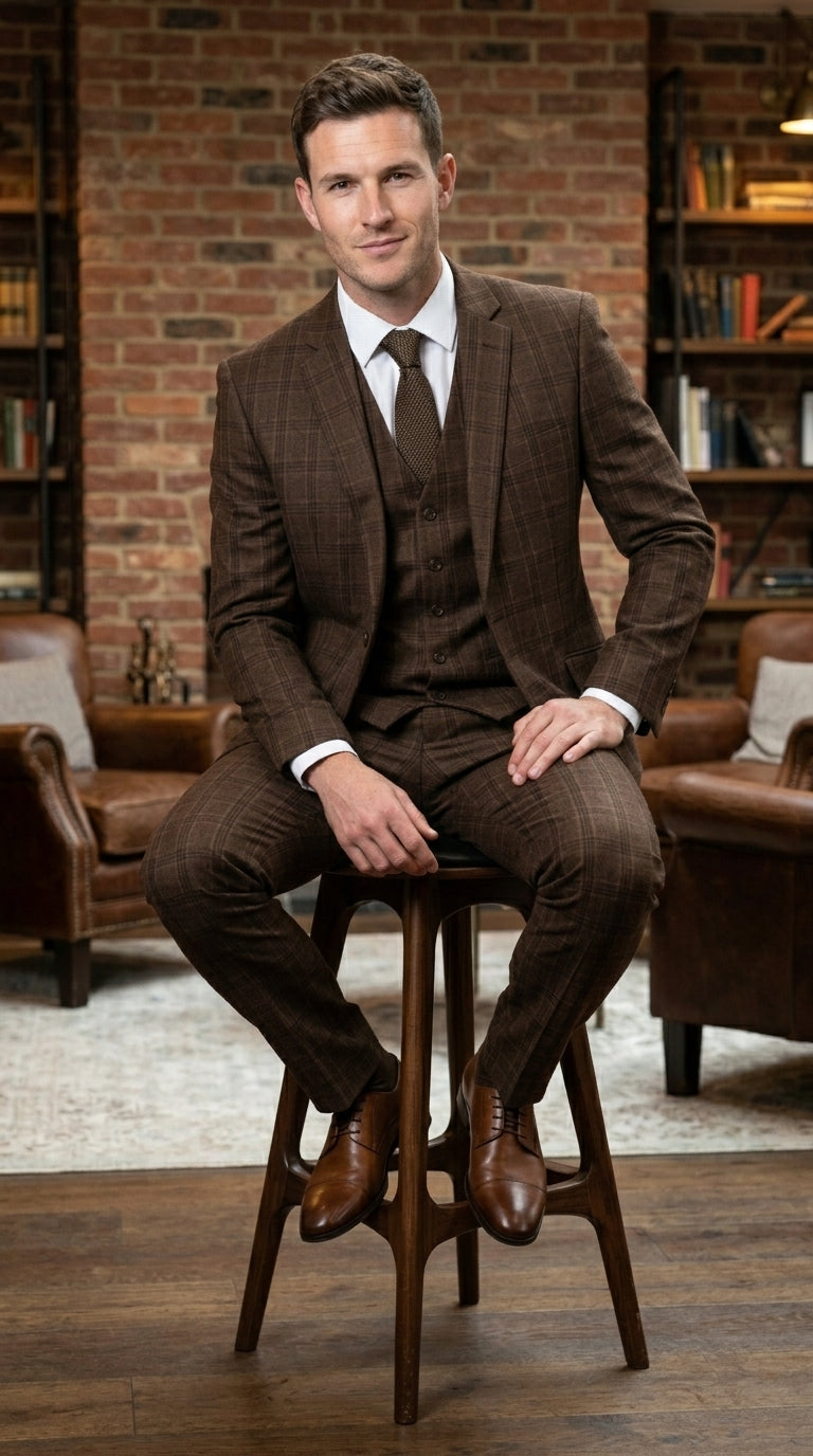 Men’s Brown Windowpane Plaid 3 Piece Suit, Classic Formal Wedding Business Dress Suit Set
