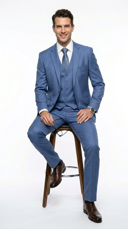 Men’s Steel Blue 3 Piece Prom Suit, Dusty Blue Vested Wedding Formal Suit Set